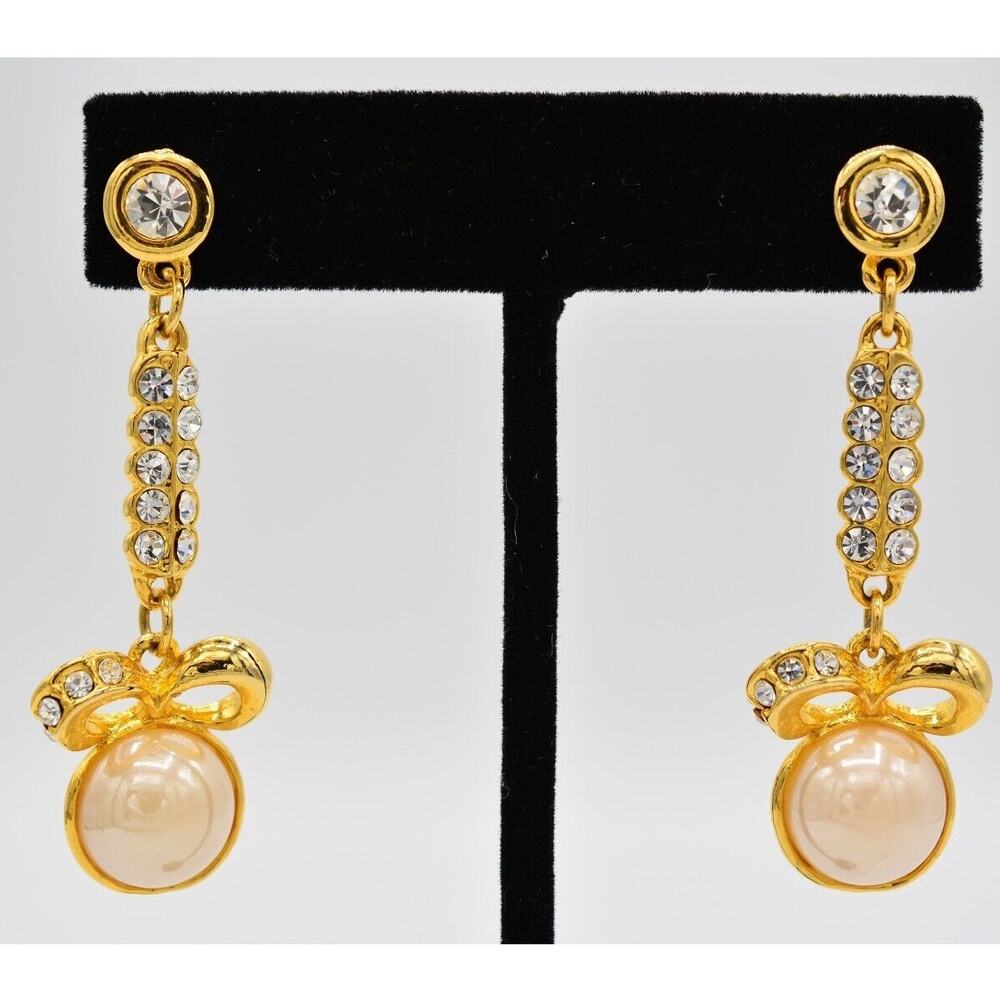 Vintage Dangle Crystal Bow Earrings Rhinestone Pearl Dangle Gold Tone BinAB